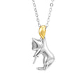 Sterling silver clavicle necklace with cat pendant on model, showing electroplated finish and professional styling
