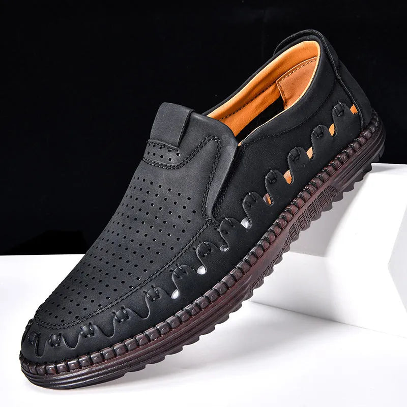Men's brown slip-on leather casual shoes with round toe and flat PVC sole