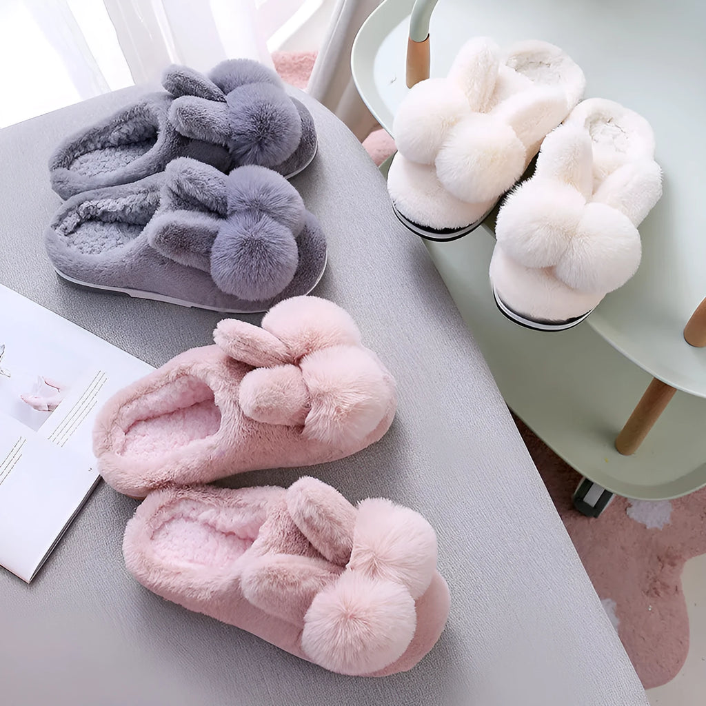 Women's high-top fluffy rabbit fur slippers with flower decoration in cream colour