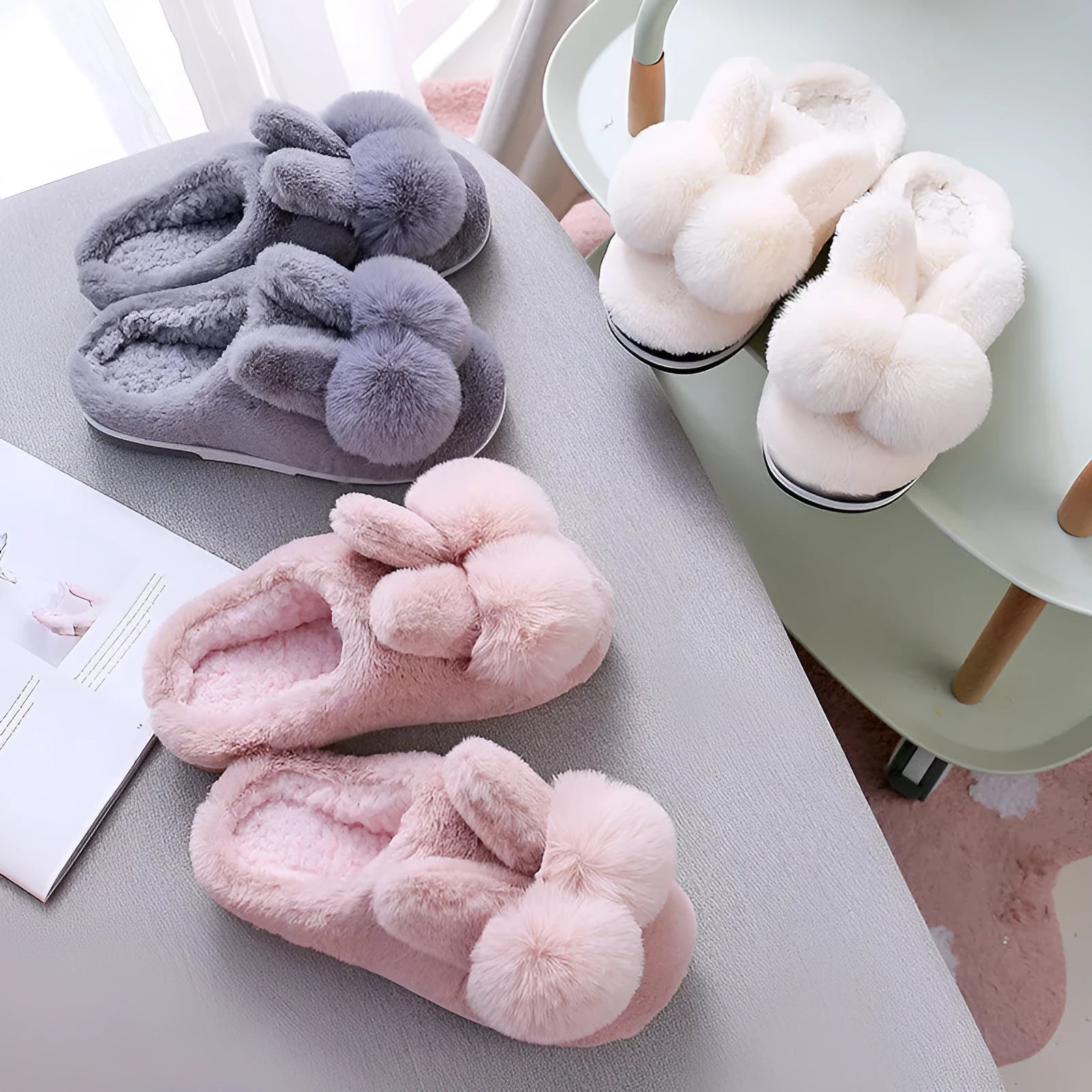 Women's high-top fluffy rabbit fur slippers with flower decoration in cream colour