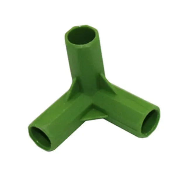 White plastic three-way and four-way garden stake connectors for building 11mm plant support frames.