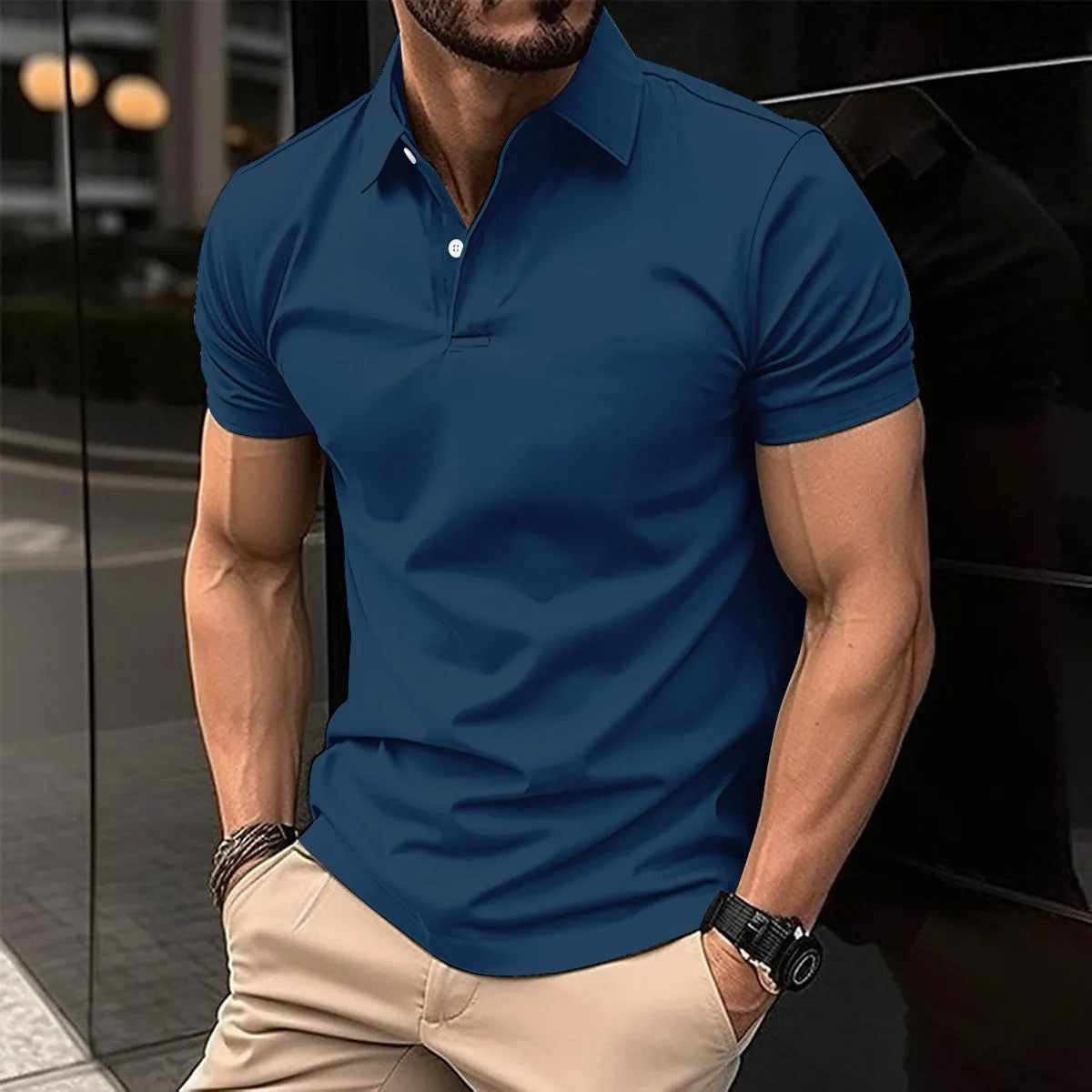 Men's solid colour polo shirt with short sleeves and button lapel in cotton blend fabric