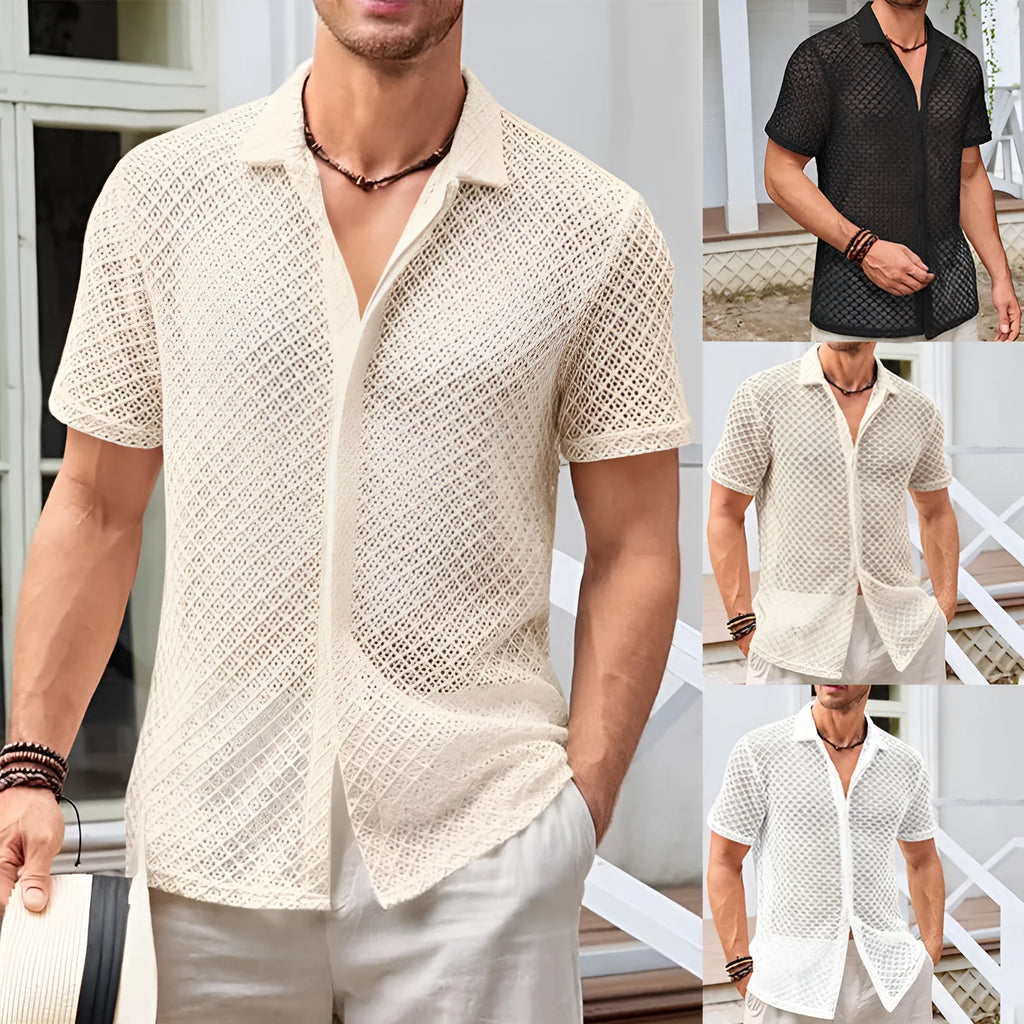 Man wearing a milky white short sleeve mesh cardigan shirt with a lapel collar.