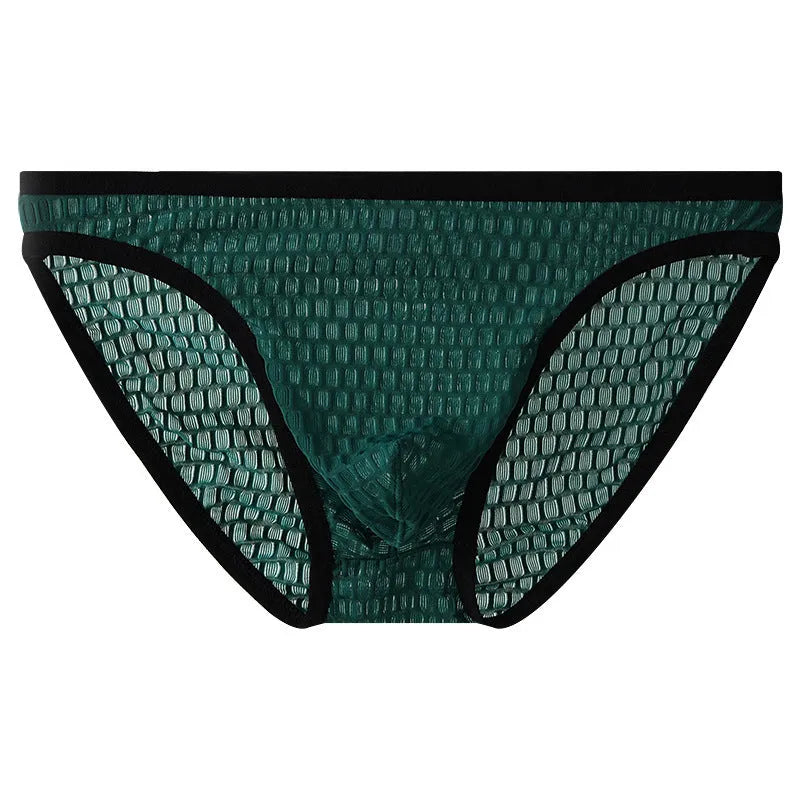 Men's low waist transparent lace underwear in black with quick-drying nylon fabric