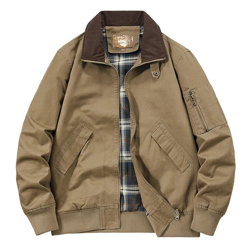 Men's plus size washed cotton baseball flight jacket shown in camel colour.