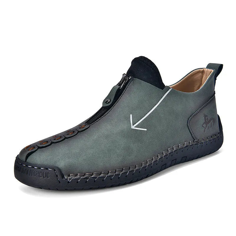 Men's black artificial PU leather Martin boots with front zipper and hand-stitched rubber sole