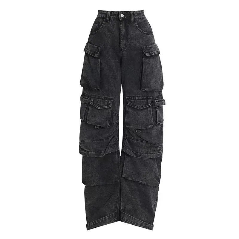 Women's high waist wide leg trousers in tie-dyed denim with multiple pockets and street hipster styling