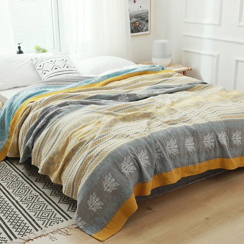 Roulette Wheel Blue five-layer gauze pure cotton blanket on bed showing modern simple pattern