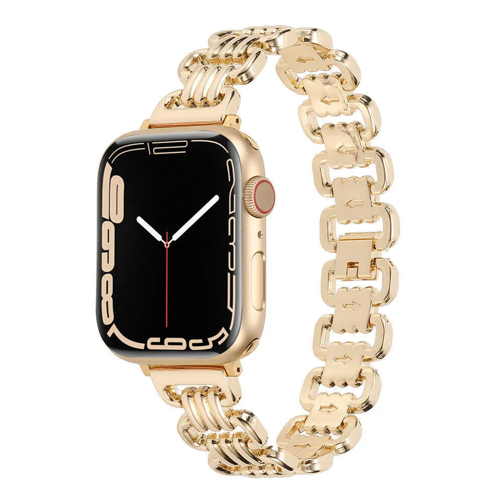 Silver alloy metal link bracelet for Apple Watch on a wrist.