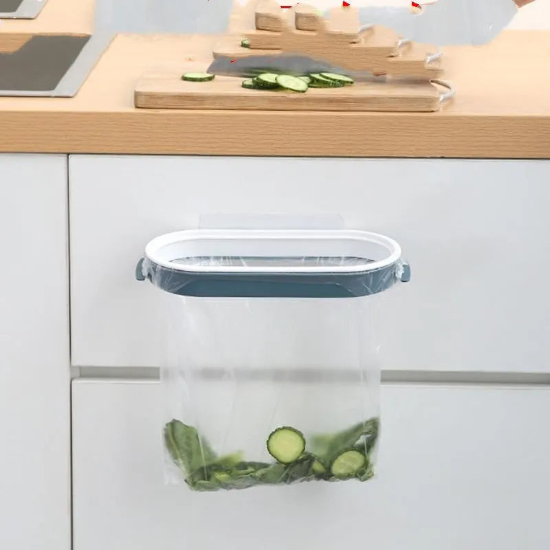 Blue plastic garbage bag storage rack mounted under a kitchen cabinet.