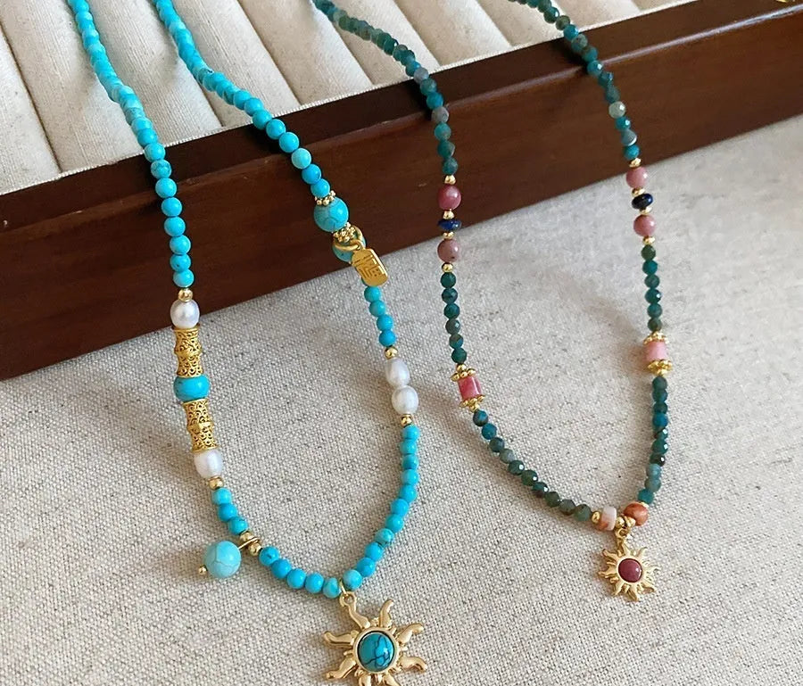 French royal style freshwater pearl necklace with stone sun pendant on 41-50cm clavicle chain