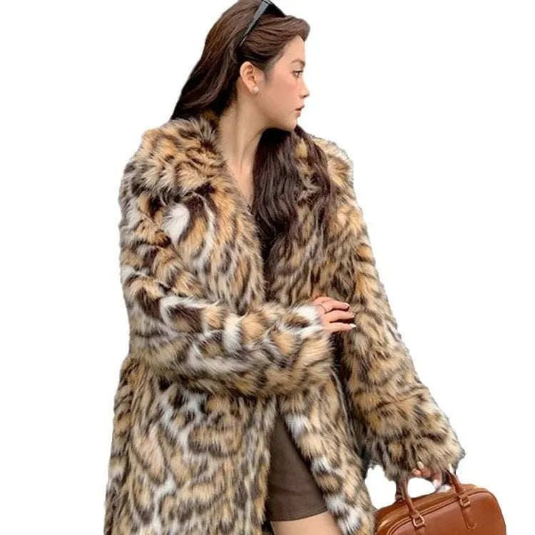 Women's long faux fur coat with fur collar and pockets in street fashion style