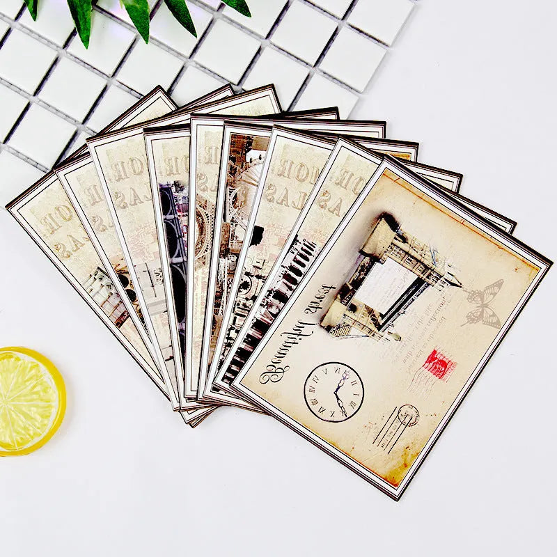 Japanese style postcard set with minimalist cartoon designs of retro Paris towers and historic sites