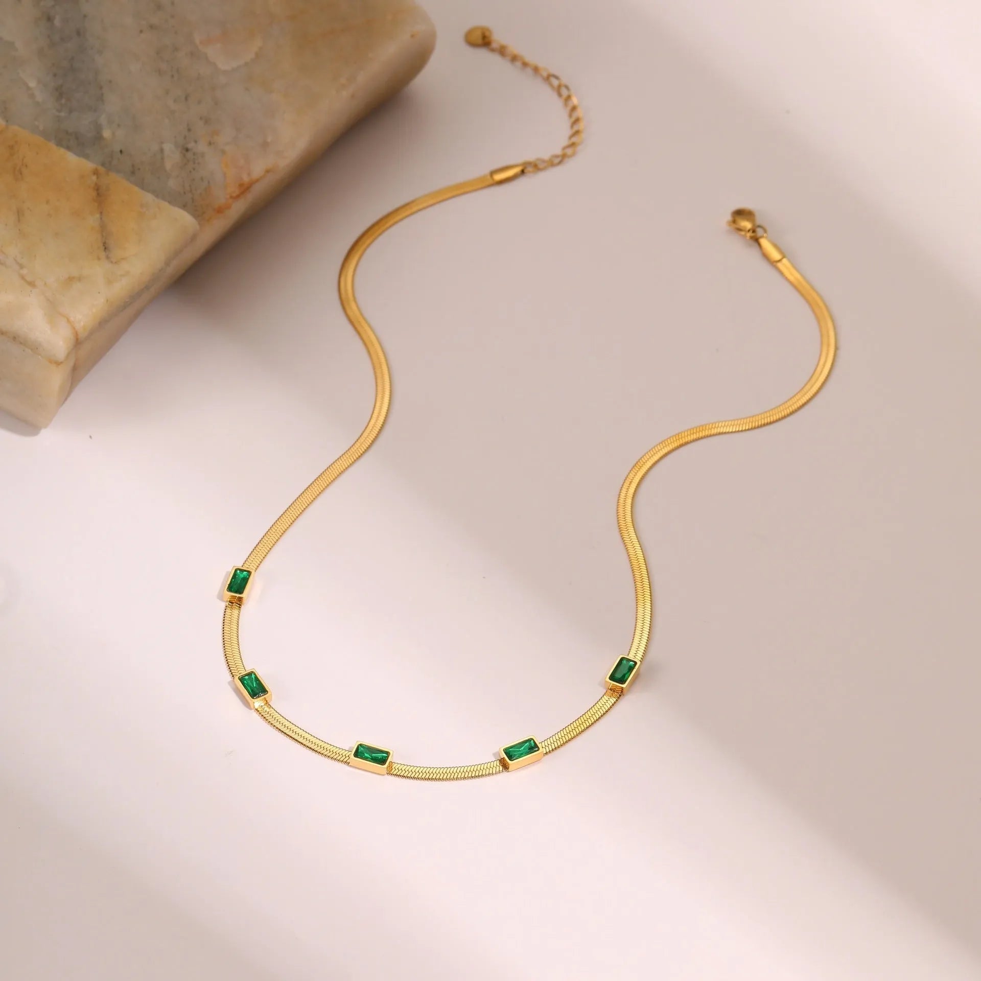 Geometric square zircon stainless steel necklace with flat snake chain and 18K electroplated finish