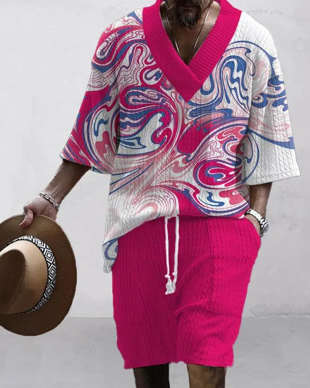 Loose casual short sleeve suit set in polyester fabric showing matching top and shorts