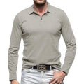 Men's dark grey long sleeve polo collar cotton t-shirt shown front on, American retro style.