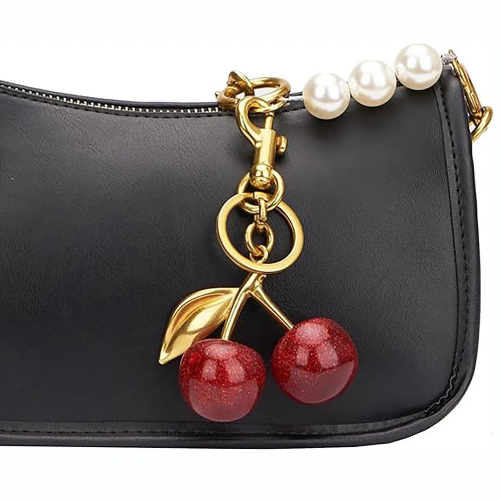 Zinc alloy three-dimensional cherry key ring pendant in red colour