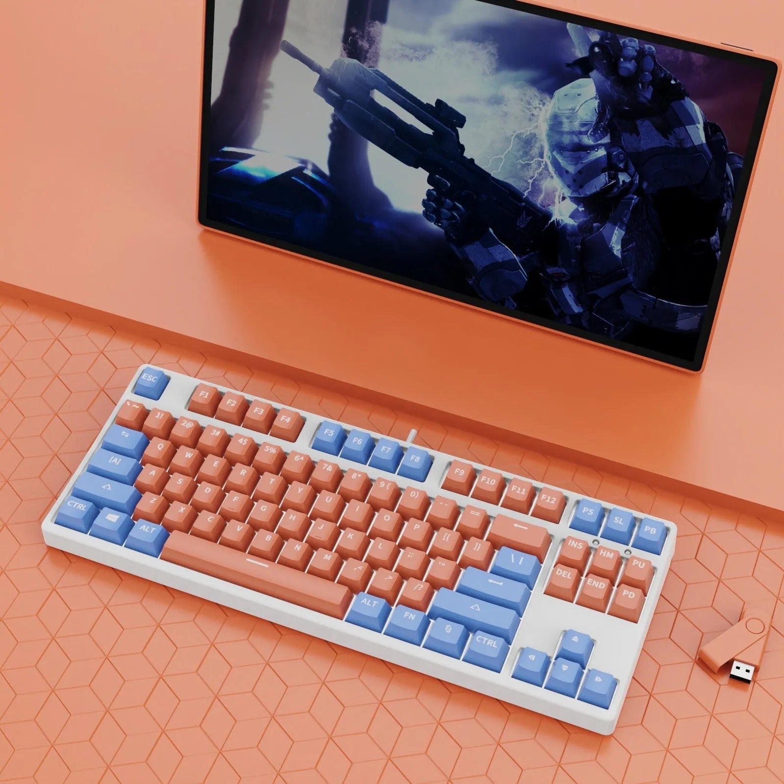 87-key wired mechanical gaming keyboard with hot-swappable switches shown in a two-tone colour scheme on a metal chassis.