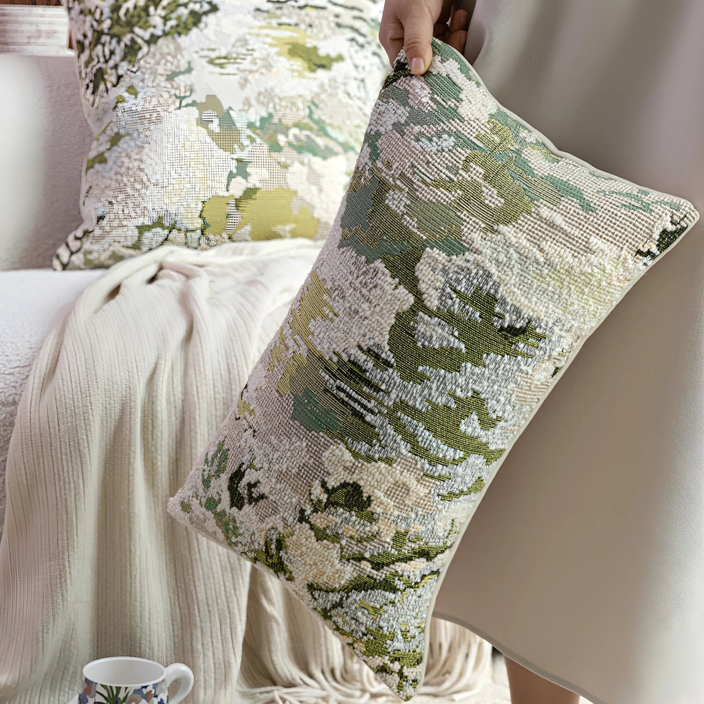 French style abstract pillow with spring flowers pattern in antique green colour