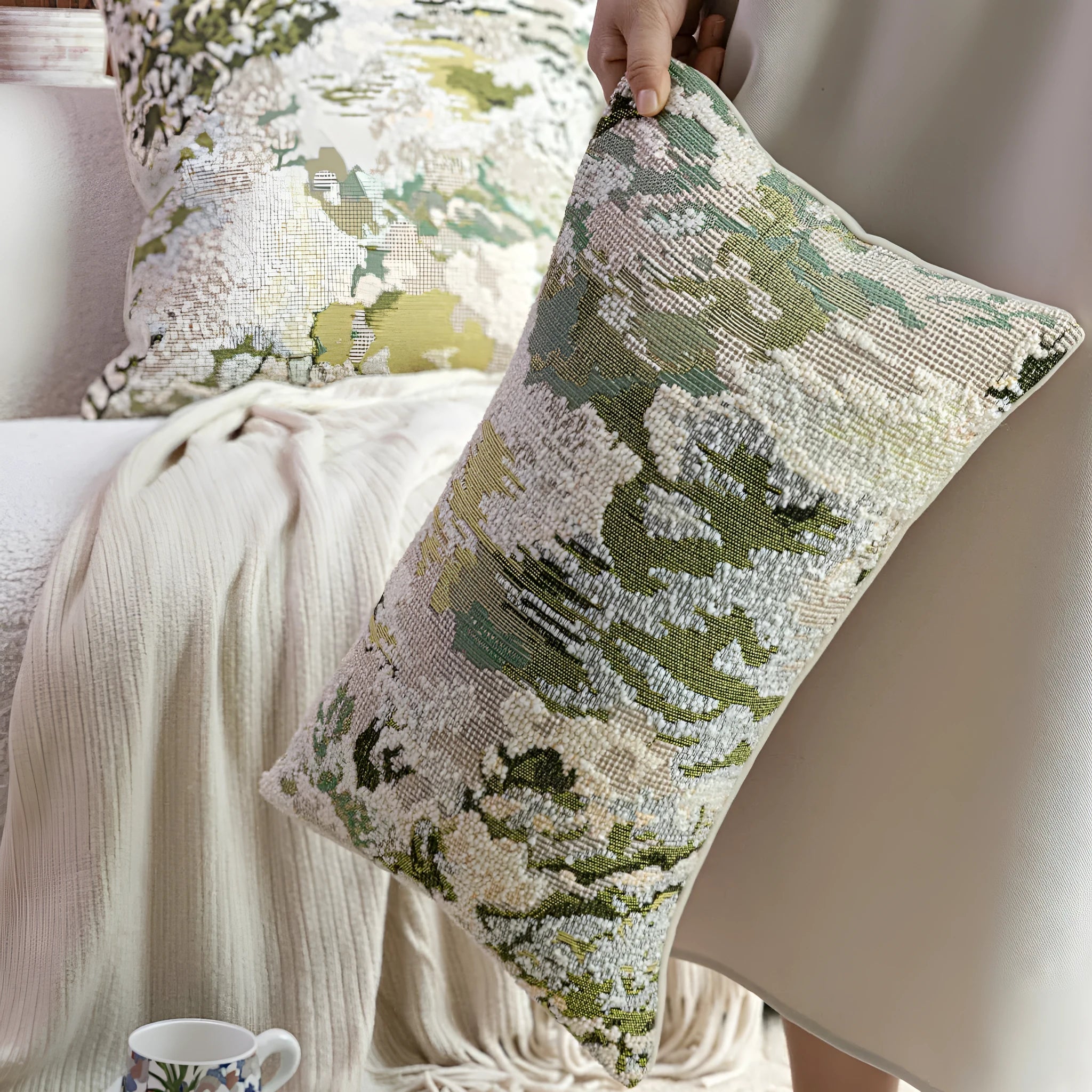 French style abstract pillow with spring flowers pattern in antique green colour