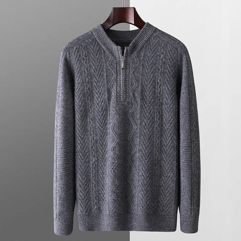 Men's grey diamond pattern wool sweater with half zip front and long sleeves