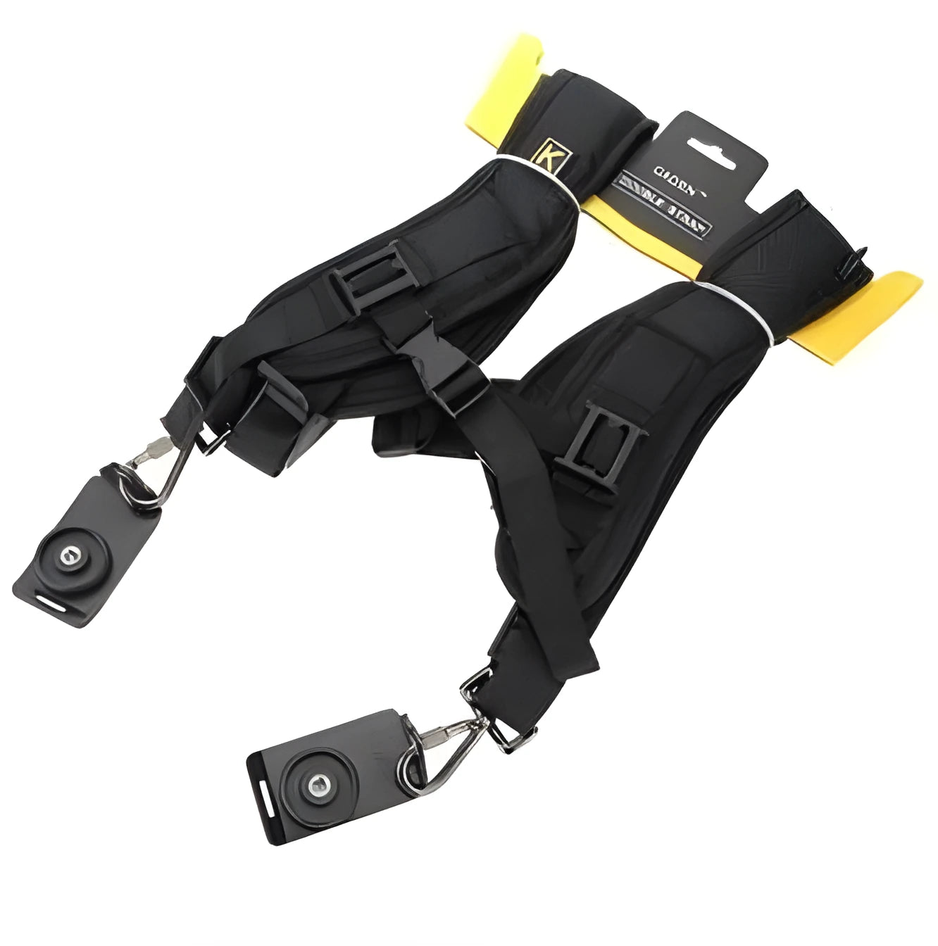 Black dual camera strap for two SLRs, showing thick shoulder sponge and metal connectors.