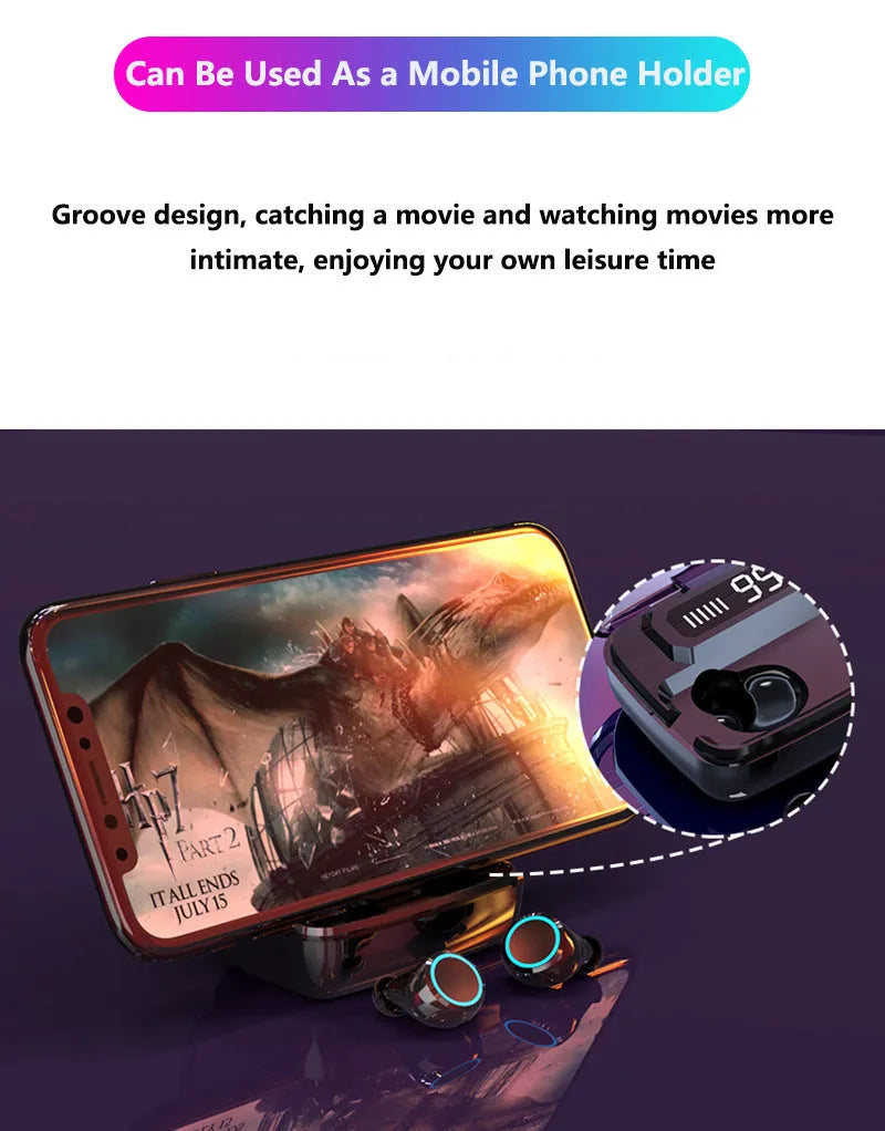 Black M11 style wireless Bluetooth headset with digital display, shown with its charging case that has a built-in mobile phone holder.