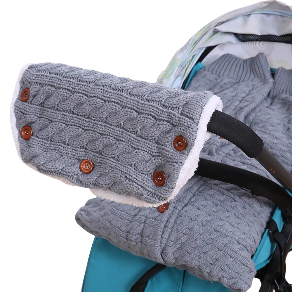 Baby sleeping bag in beige acrylic and lamb wool with pushchair handrail set