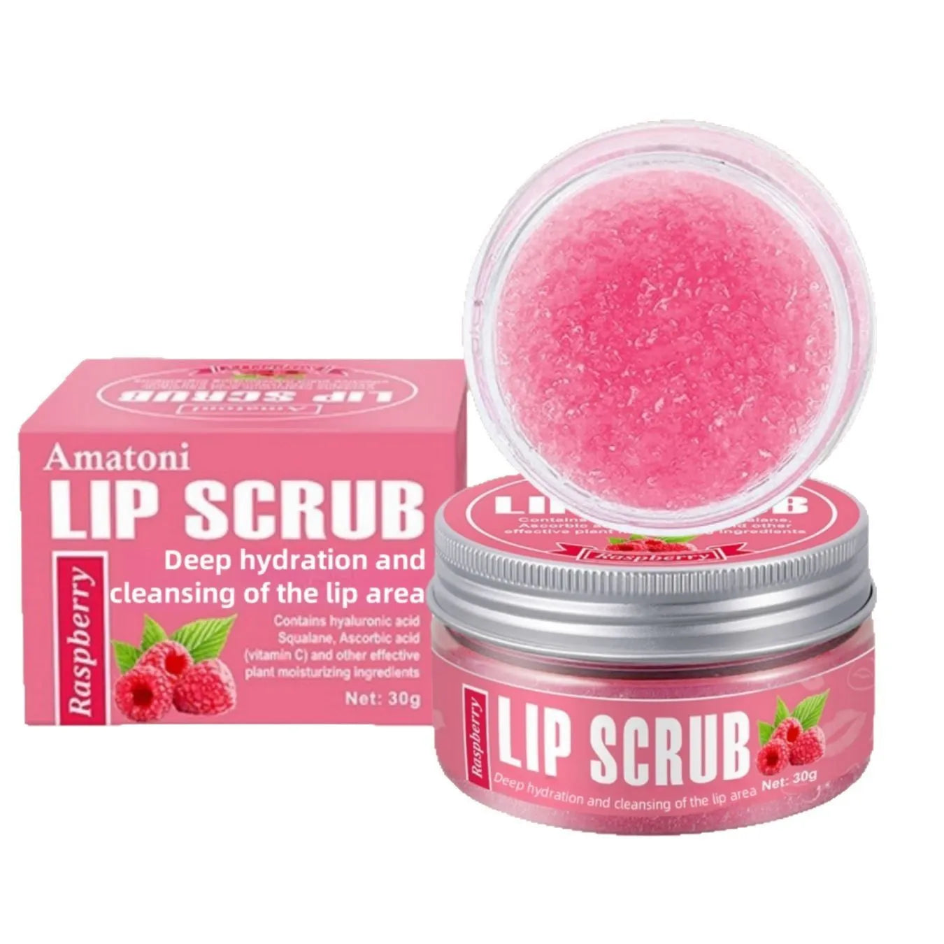 30g jar of Amatoni fruit flavour lip scrub cream in coconut, raspberry, vanilla or watermelon.