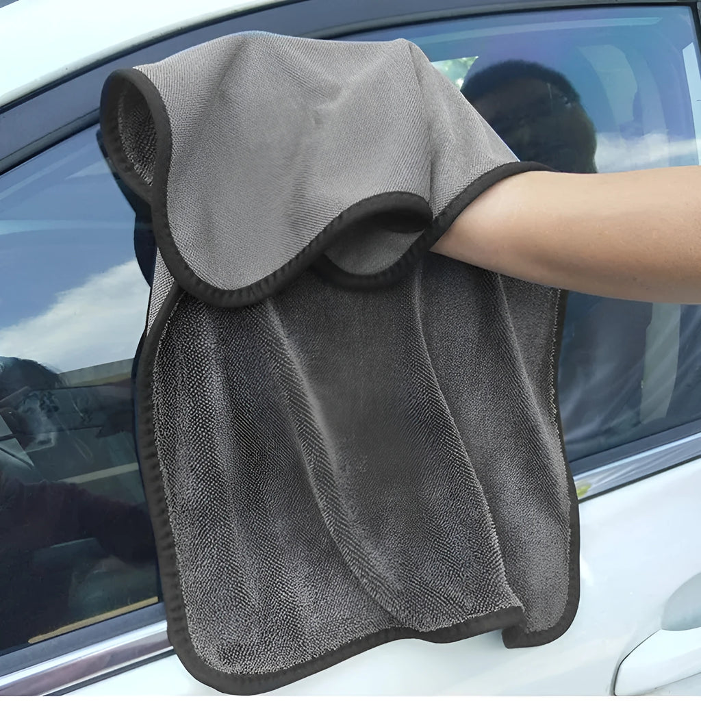 Grey square microfiber car wash towel laid flat, showing its 40x40 cm size.