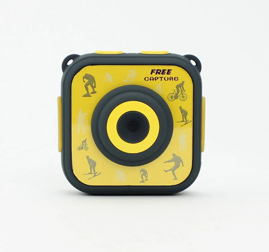Yellow children's waterproof sports camera with 1.77-inch screen showing HD recording interface