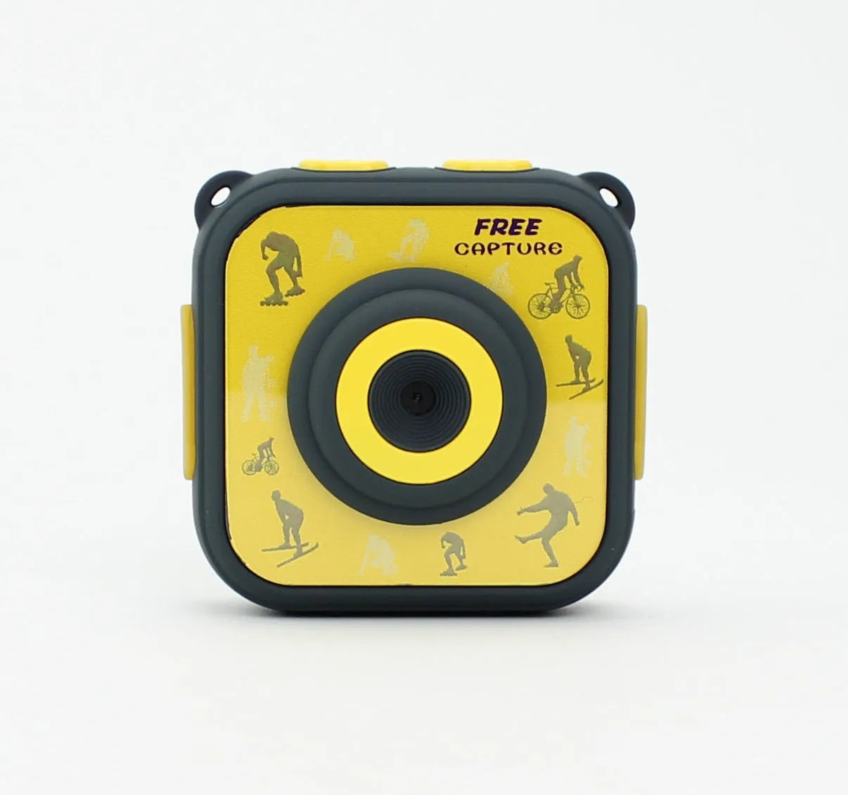Yellow children's waterproof sports camera with 1.77-inch screen showing HD recording interface