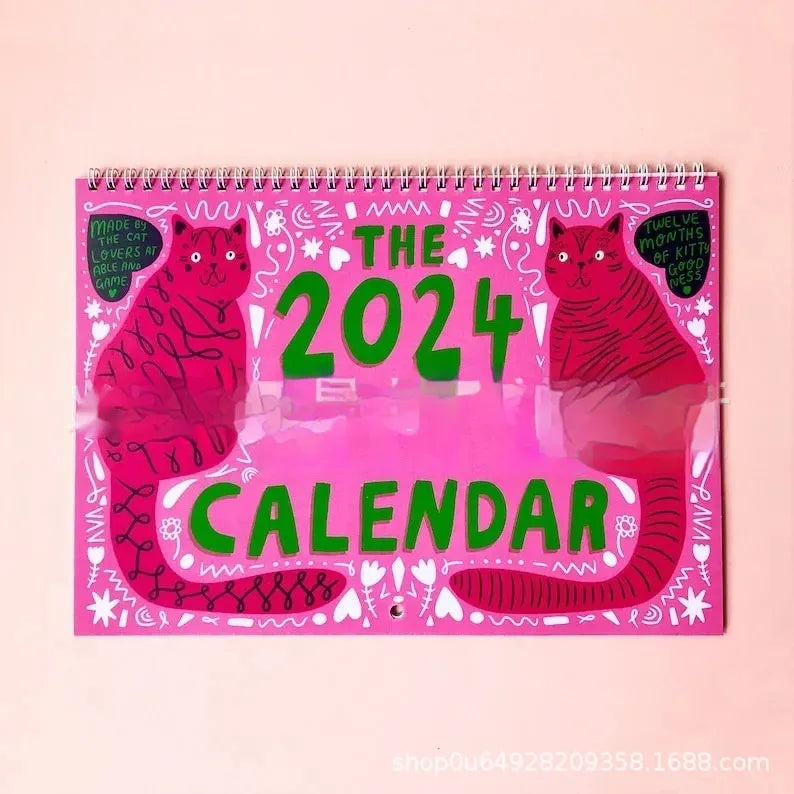 Cat-themed wall calendar with 2024 and 2025 model options showing monthly date layout