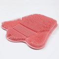 Blue silicone bath scrubber mat with bristles, shown next to grey and pink colour options.