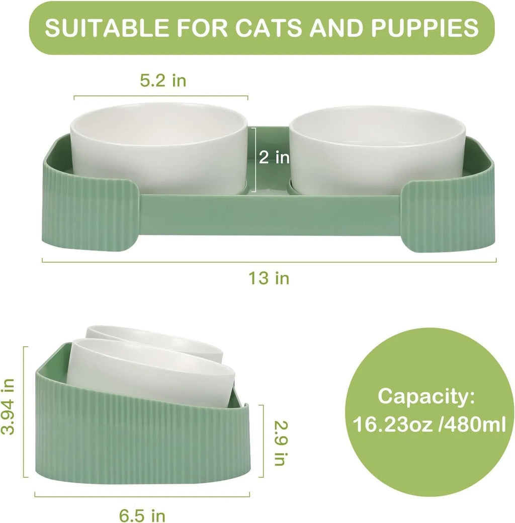 Green ceramic raised cat bowls with 15 degree tilt and non-slip base for spill-proof feeding