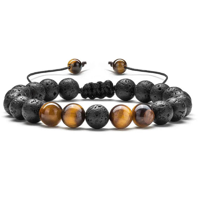 A pair of matte black agate bead bracelets with geometric design for him and her.