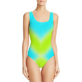 Girl's sleeveless one-piece swimsuit with a digital print pattern on polyester fabric.