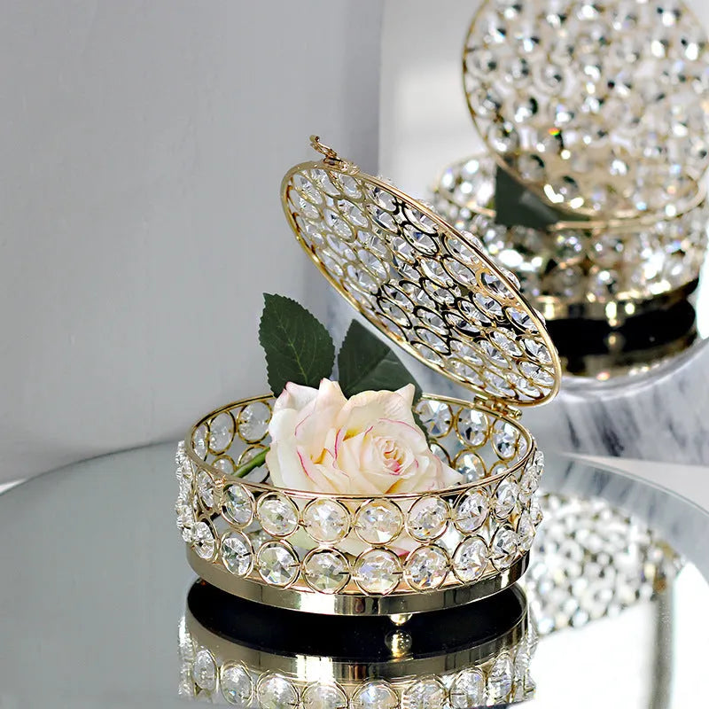 French gold European style jewelry box with transparent crystal glass and metal construction