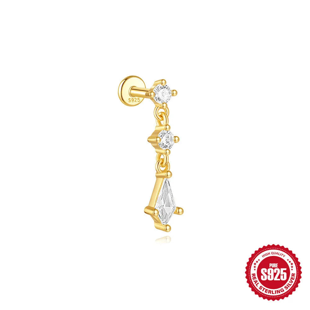 S925 sterling silver geometric kite earrings with rhinestones and chain tassel in gold tone