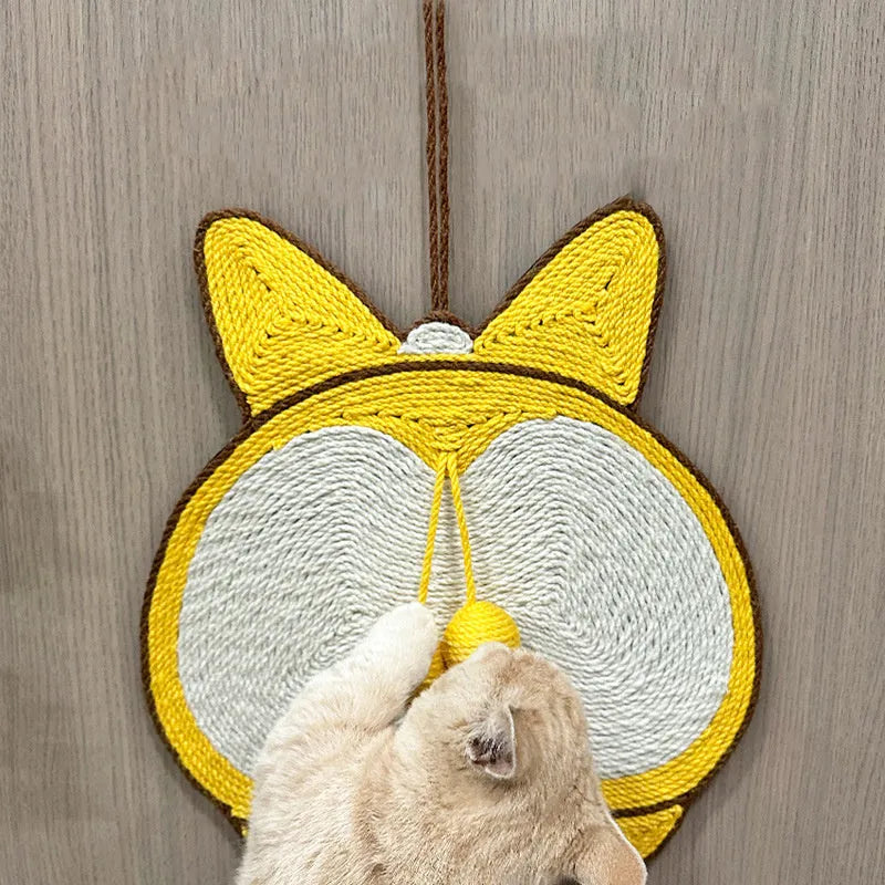 Yellow corgi design sisal cat scratching board with anti-slip base measuring 37 by 40 centimetres