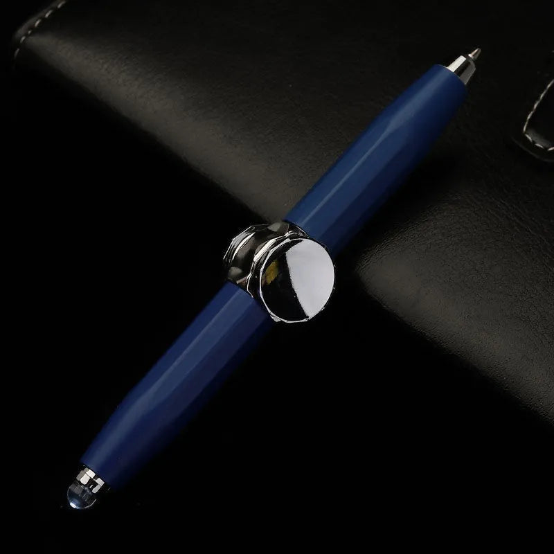 Metal ballpoint pen with a built-in fingertip gyro spinner and LED light, shown in multiple ink colour options.