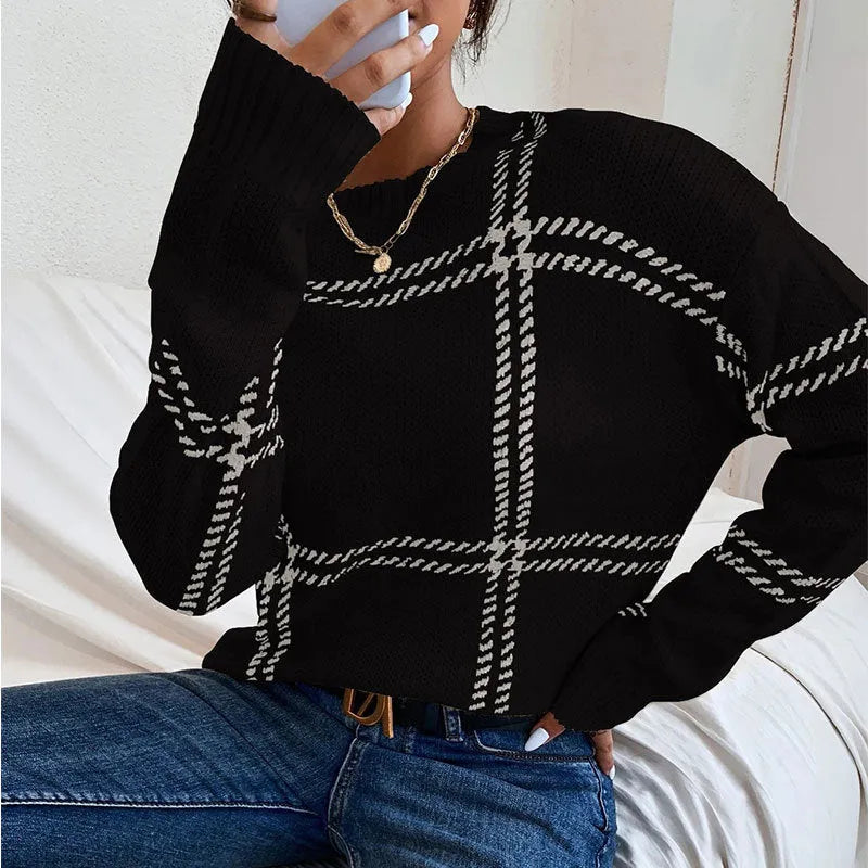 Women's loose plaid colour-block acrylic sweater in apricot, black, beige, red, and green stripes