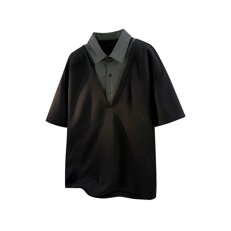 Men's black polo shirt sweater with henley collar and short sleeves, slim fit lightweight design