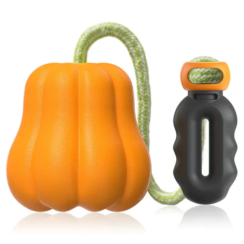 Pumpkin-coloured plastic dog chew toy with an attached rope for tugging and fetch.