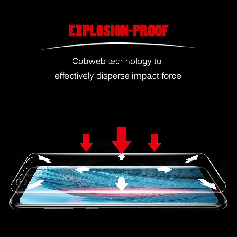 Curved hydraulic phone screen protector for Samsung Galaxy S series phones on a purple light background.