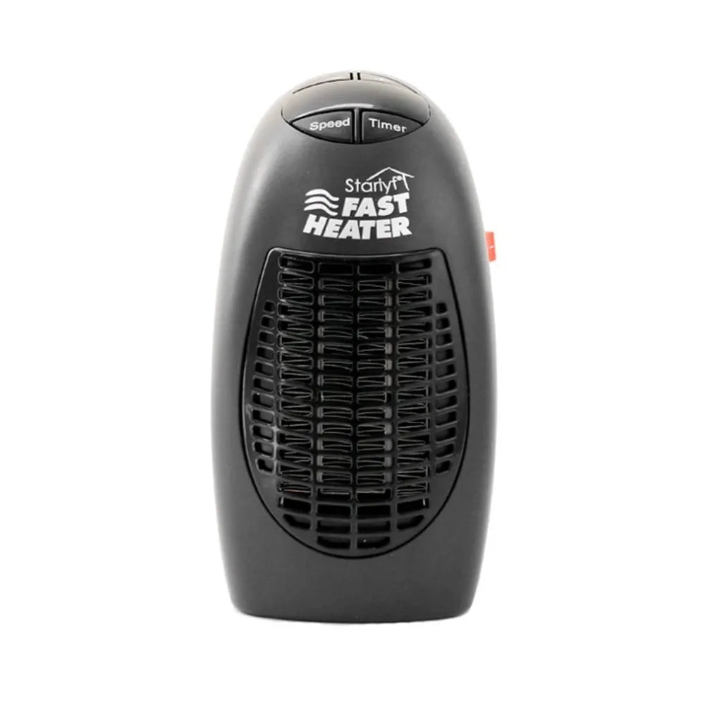 Black compact ceramic electric heater with digital display and rotating three-prong plug