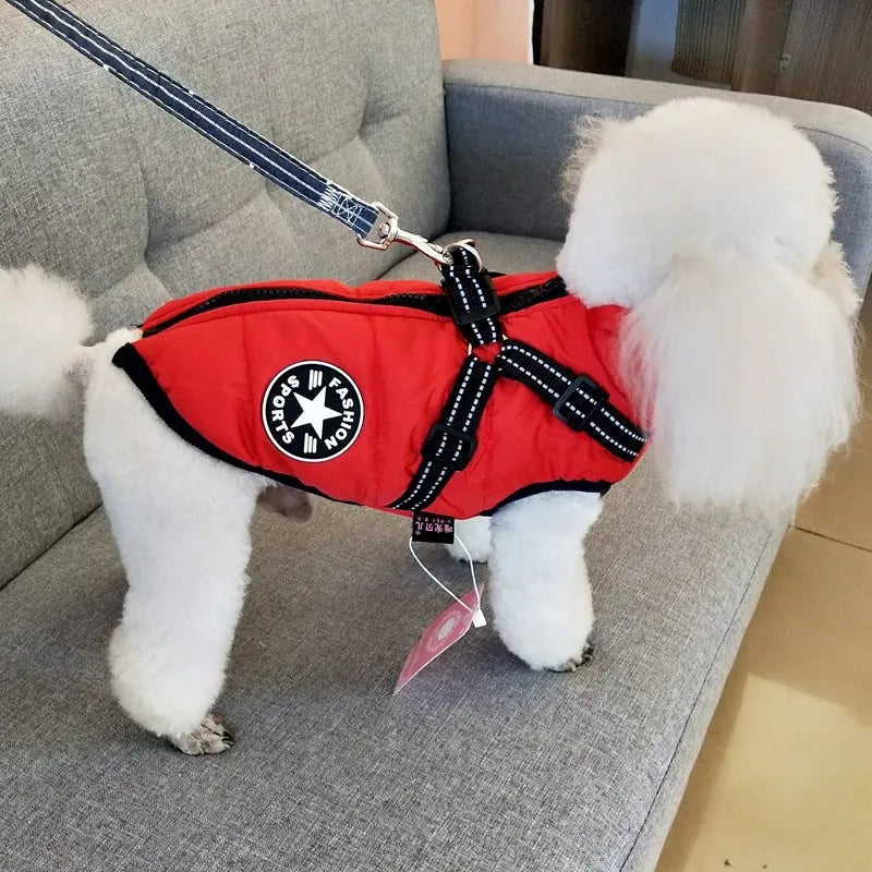 Waterproof dog coat with integrated harness in rain silk fabric available in red, navy blue, and army green colours