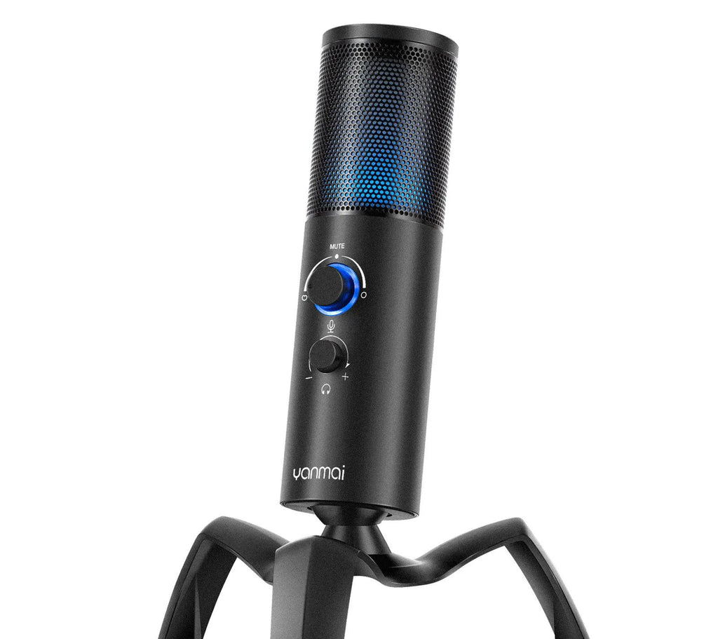 Black Q18 USB condenser microphone with RGB light on adjustable metal tripod.