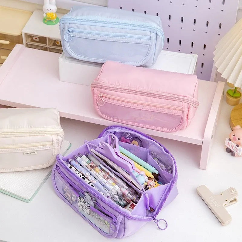 Korean-style canvas pencil case with a ten-layer flip design shown in various colours.