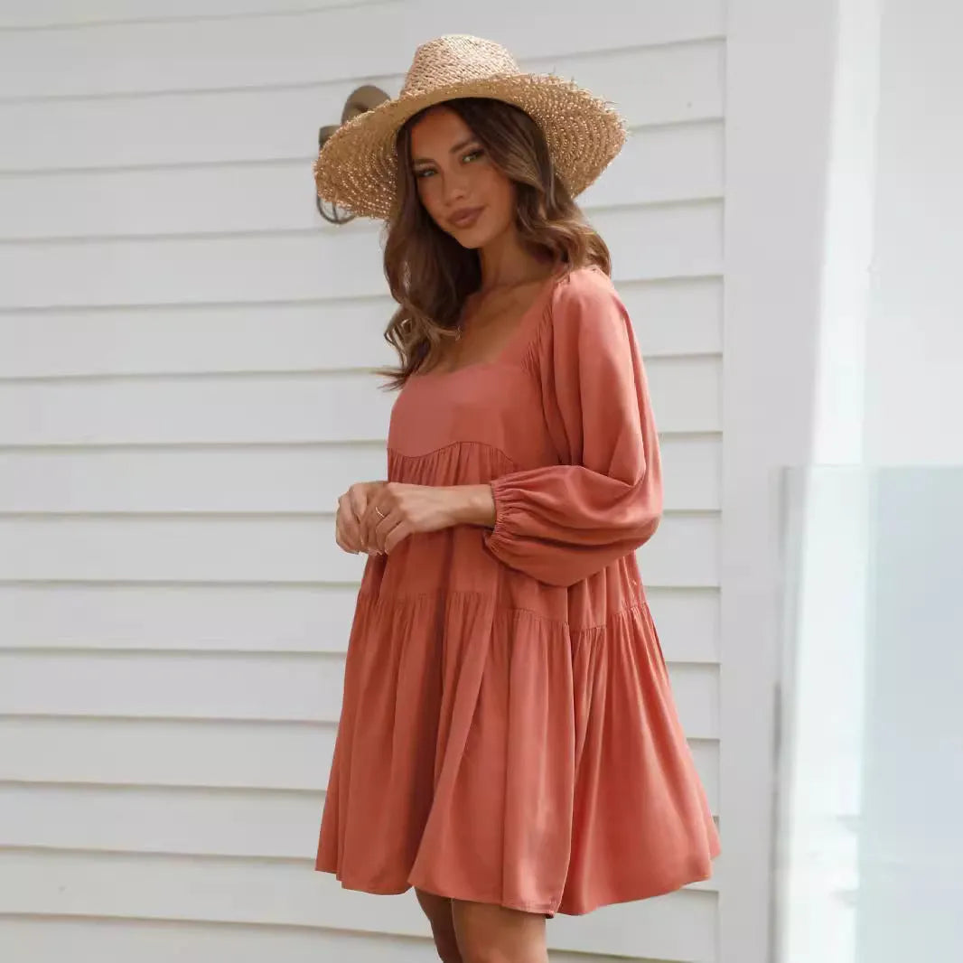 Children's solid colour backless dress with square collar and puff sleeves in A-line silhouette